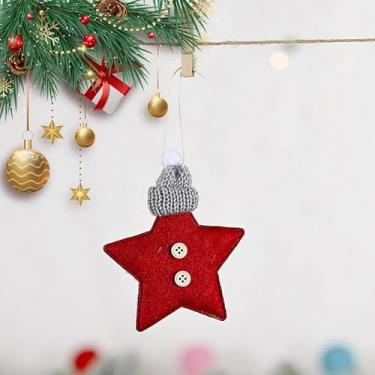 Imagem de 1 peça enfeite de pendurar estrela de tecido não tecido de Natal fofo chapéu de malha pentagrama pingente decorativo de Natal decoração de casa festiva, vermelho