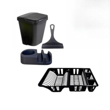 Imagem de Kit Cozinha Completa – Escorredor de Louça 12 Pratos + Lixeira de Pia 4,8L + Porta Detergente + Rodinho – Organização e Praticidade