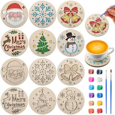 Imagem de DoubleFill 12 peças de porta-copos de madeira, kit de artesanato com pintura de arte, porta-copos de bebidas, presente de artesanato para adultos, mulheres, passatempos, decoração de Natal para casa e