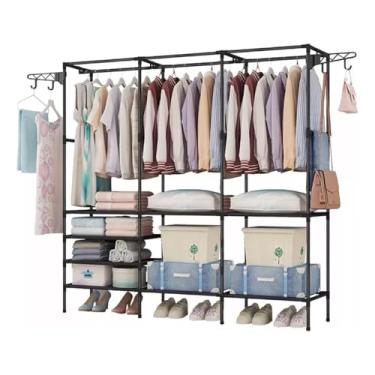 Imagem de Guarda Roupa Closet Organizador Multifuncional, Preto, Estrutura em Aço, 3 Colunas, 160x36x170cm, com Cabideiro Duplo e Prateleiras, para Roupas e Acessórios
