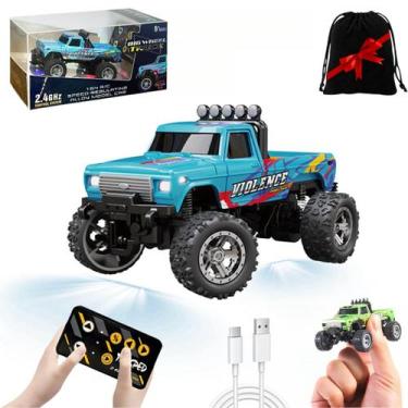 Imagem de Mini RC Monster Truck, escala 1/64, com luzes, controle remoto, azul -