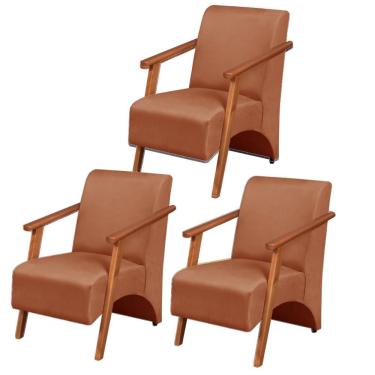 Imagem de Kit 3 Poltronas Venus 1 Lugar Braço Madeira Maciça Tecido Suede Terracota