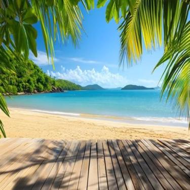 Imagem de Quadro Decorativo Tropical Beach Estampa com Deck de Madeira Decoração de Parede 40x40cm