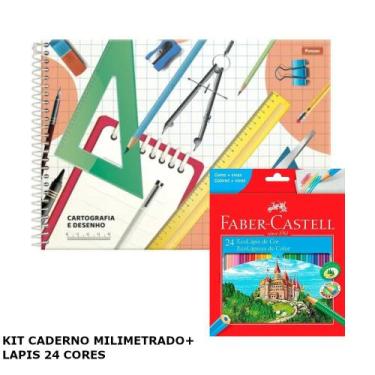 Imagem de Kit escolar caderno de desenho milimetrado + lapis 24 cores - FORONI