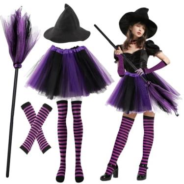 Imagem de Tookie Conjunto de fantasia de bruxa de Halloween para mulheres, roupas de bruxa, chapéu, vassoura, listradas, conjunto de aquecedores de braço, para acessórios de cosplay (roxo)