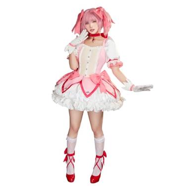 Imagem de Micotaku Fantasia feminina Puella Magi Madoka Magica Battle Cosplay – Vestido de cetim com 4 laços, anágua e luvas, acessórios, Branco e rosa, M