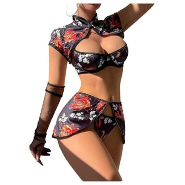 Imagem de SOLY HUX Conjunto de lingerie feminina de fantasia Cheongsam com estampa de dragão Qipao Cosplay, Multicolorido., Small