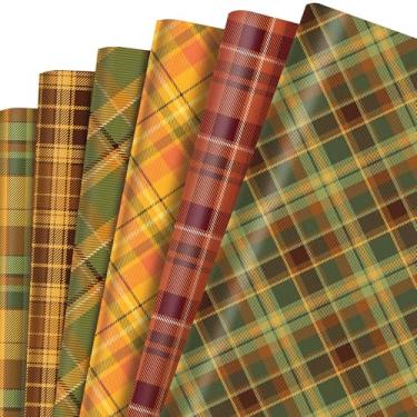 Imagem de 12 folhas de papel de embrulho de outono – papel de embrulho xadrez verde búfalo amarelo, 50 x 69 cm, dobrado, arte plana, folhas de embrulho artesanais, papel temático de férias de outono para