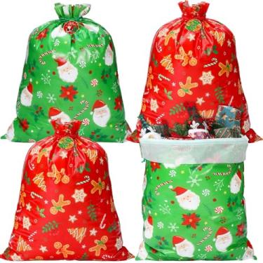 Imagem de Hillban 4 sacos de presente jumbo de Natal, 81 x 99 cm, tecido extra grande, resistente, reutilizável, saco de Papai Noel, vermelho e verde, gigante, com corda de cartão de etiqueta para embrulhar