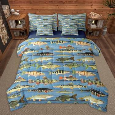 Imagem de Feelyou Conjunto de edredom casal de peixe robalo com 7 peças, para pesca e caça, para crianças, meninos, meninas, azul, madeira em um saco, microfibra