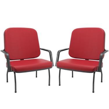 Imagem de Kit 02 Cadeiras De Escritório Recepção Com Braço Fixa Preta Magno P03 Vinil Vermelho - Lyam Decor