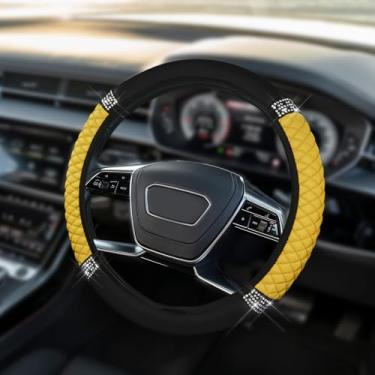 Imagem de HQRNYP Capa de volante de couro macio brilhante, protetor de volante, 38 cm colorido strass elástico, acessórios de carro de couro diamante antiderrapante para mulheres e meninas (amarelo)