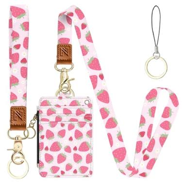 Imagem de Porta-crachá de identificação 2 em 1 de morango rosa e carteira com cordão para professores, enfermeiras, profissionais - linda bolsa de moedas com zíper, alça de pulso removível e cordão de pescoço