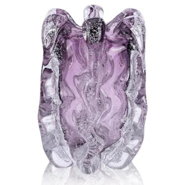 Imagem de Vaso de vidro soprado à mão, vaso de vidro exclusivo de boca larga, vaso decorativo roxo de arte moderna, adequado para escritório, casamento, mesa de centro de sala de estar ou mesa de jantar.