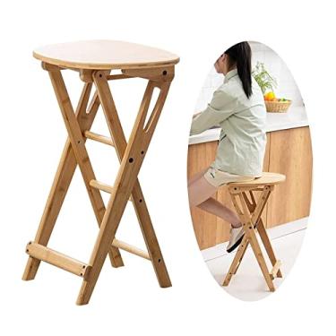 Imagem de Banqueta dobrável de madeira maciça com encosto e apoio para os pés para balcão doméstico, banco alto portátil de madeira