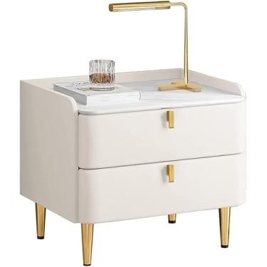 Imagem de Mesa de cabeceira lateral mesa de cabeceira moldura de madeira maciça mesa de ardósia acabamento PU pequeno armário de metal pés de armário 50 x 40 x 47 cm