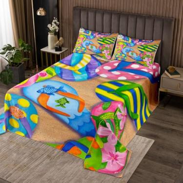 Imagem de Conjunto de colcha de chinelos coloridos, tamanho queen, para crianças, meninos, meninas, tema de verão, praia, férias, colcha, colcha, 3 peças, roupa de cama decorativa acolchoada com 2 fronhas