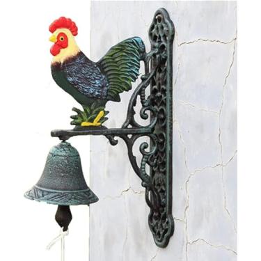 Imagem de Campainha de campainha de ferro fundido manual campainha decorativa pintada à mão sino de mão de pintinho estilo rural decoração de parede interna e externa para jardim e casa sino de ferro fundido