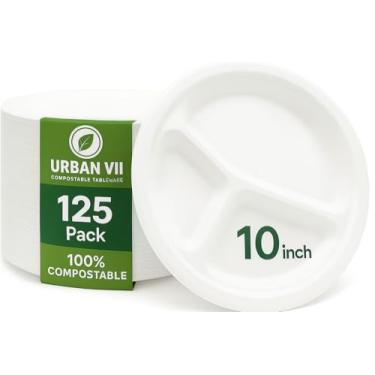 Imagem de URBAN VII Pratos de papel compostáveis de 25 cm [pacote com 125] – Pratos descartáveis resistentes feitos de bagaço (fibra de cana-de-açúcar), louça biodegradável ecológica, segura para micro-ondas e