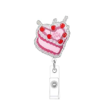 Imagem de Carretel de crachá de dia dos namorados para enfermeiras de enfermagem, bolo de coração rosa, retrátil, clipe de crachá de acrílico retrátil para cartão de identificação médica, design de férias