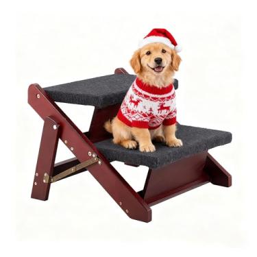 Imagem de MEWANG Escada de madeira para animais de estimação/degraus para animais de estimação – escadas dobráveis 2 em 1 e rampa para camas e carros – Escada portátil para cães/gatos de até 50 kg (marrom)
