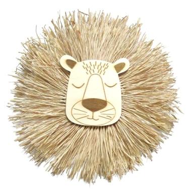Imagem de Lmbabter Boho Raffia Decoração de parede arte de parede redonda com grama de palha trançada com cesta plana de pendurar na parede de animais para decoração de casa (leão)