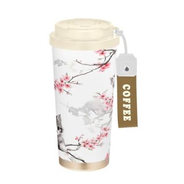 Imagem de SEHANY Caneca de viagem de gato gatinho fofo de 482 g xícaras de café reutilizáveis revestidas de cerâmica com tampa à prova de vazamento, parede dupla, isolamento a vácuo, copo de café de aço