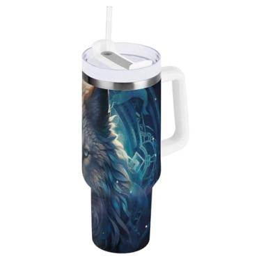 Imagem de Blueangle Copo isolado de 1,134 g com alça e tampa de canudo - Caneca de viagem de aço inoxidável à prova de vazamento, garrafa de água de lobo escuro a vácuo de parede dupla (920)