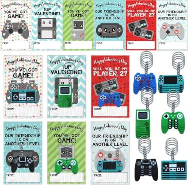 Imagem de Valentine's Day Video Game Party Favors Set Valentine's Day Video Game Gifts Cards with Keychains Cute Valentines Days Cards Game Controller Handle Key Ring for Home Classroom Exchange Party Favors