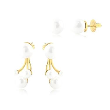 Imagem de Brinco Ear Jacket Pérolas Duas Formas Uso Folheado Ouro - Radhau Joias