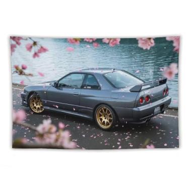 Imagem de HouLaiZhe JDM Tapeçaria de carro flores de cerejeira carro R32 Lakeside pendurar na parede quarto decoração de casa tapeçarias estética piquenique decoração de parede arte de parede para dormitório