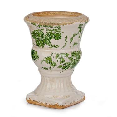 Imagem de Sungmor Vaso de urna de cerâmica pequeno - Vaso de flores com pedestal floral de rolagem verde, vasos decorativos vintage estilo chinoiserie, suporte de vaso toscano para plantas internas e externas