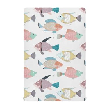Imagem de Burbuja Lençol de berço de peixe moderno para meninos e meninas, lençol com elástico 71 x 132 cm para colchão de berço padrão e infantil, macio e respirável