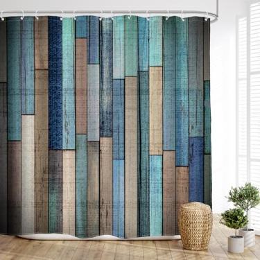 Imagem de Glawry Cortina de chuveiro azul cinza para porta de celeiro rústica fazenda rústica de madeira vintage madeira de celeiro ocidental banheiro moderno simples listrado 182x172 cm C acessórios de banho
