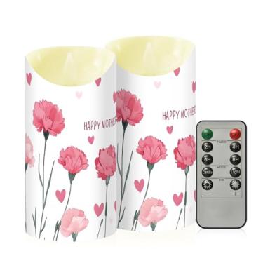 Imagem de Wassud Pacote com 2, cravos felizes do Dia das Mães e velas sem chama de coração com controle remoto, velas realistas cintilantes com temporizador, velas decorativas para Natal, casamento, festa