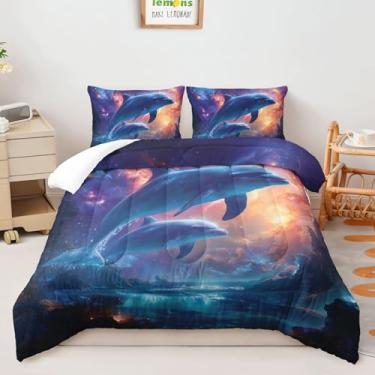 Imagem de AILONEN Conjunto de edredom fofo de golfinho para crianças e adolescentes – tamanho solteiro – Colcha temática de galáxia espacial com 2 fronhas – Conjunto de cama com estampa de animais do oceano