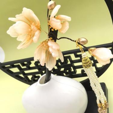 Imagem de 1 grampo de cabelo de lótus preto Cayyoomm com flores silvestres azuis - bastão de cabelo de filosofia zen chinesa, acessório de cabelo gótico Hanfu para mulheres (flor de sumaúma laranja)