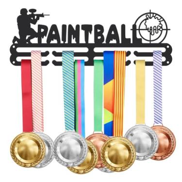 Imagem de SUPERDANT Suporte de medalha com tema de paintball para exibição de marcador de paintball, organizador de medalhas, suporte de prêmios, medalha de metal preto, suporte de parede de ferro preto para
