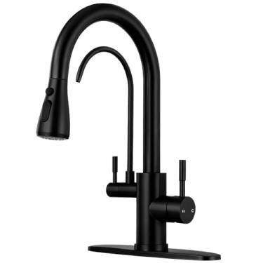 Imagem de LUFG Torneiras de cozinha com filtro de água - Preto fosco 2 em 1 torneira de cozinha de 2 alças com pulverizador de puxar para baixo, torneira de pia de cozinha de aço inoxidável de arco alto com