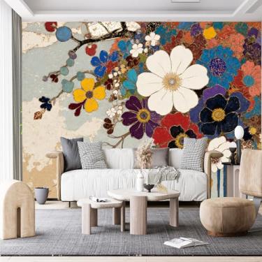 Imagem de Murais de parede de tamanho personalizado, arte floral colorida flores douradas brancas fundo azul tecido de parede autoadesivo (sem PVC) papel de parede grande removível para sala de estar, quarto