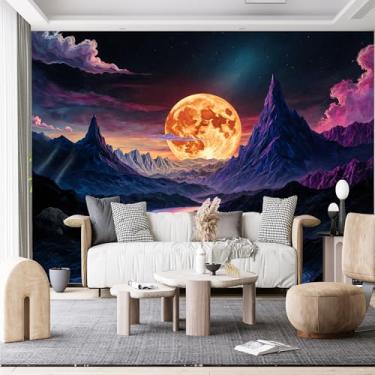 Imagem de Murais de parede de tamanho personalizado, noite surreal brilhante laranja lua enrolando rio tecido de parede autoadesivo (sem PVC) papel de parede grande removível para sala de estar, quarto