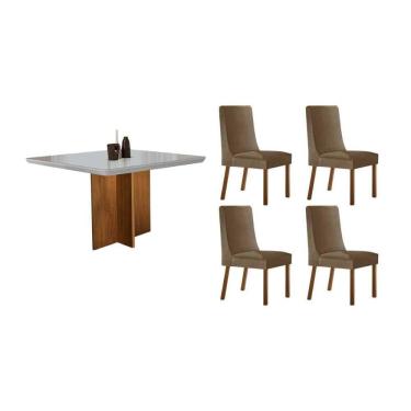Imagem de Sala Jantar Mesa Berlim Tampo c/ Vidro Curvo 90cm+ 4 Cadeiras Dakota Madeira Naturale/Off White - Capuccino/Suede Capuccino - Rufato