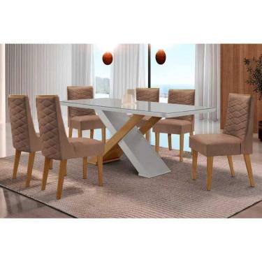 Imagem de Sala Jantar Mesa Imperatriz Tampo c/ Vidro Curvo 180cm+6 Cadeiras Dafne Madeira Naturale/Off White - Capuccino/Corano Capuccino - Rufato