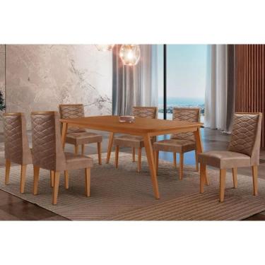 Imagem de Sala Jantar Mesa Havana Tampo Curvo 180cm+6 Cadeiras Dafne Madeira Naturale - Capuccino/Corano Capuccino - Rufato