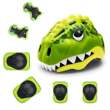 Imagem de KINGBIKE Capacete De Bicicleta Infantil Para Crianças 2 A 3 5 8 Anos, Design Dinossauro 3D, Com Patins E Luz Led Recarregável, Multiesportivo Skate, Scooter, 48 52 Cm (Verde-Limão + Patins)