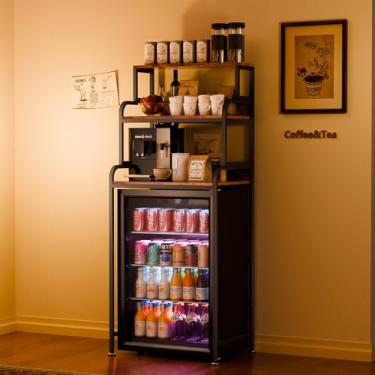 Imagem de HAAYOT Mini suporte de geladeira com armazenamento: rack de padeiro de 4 camadas e suporte de micro-ondas, converte em 2 prateleiras separadas, para cozinha, escritório, dormitório, café, bar, marrom