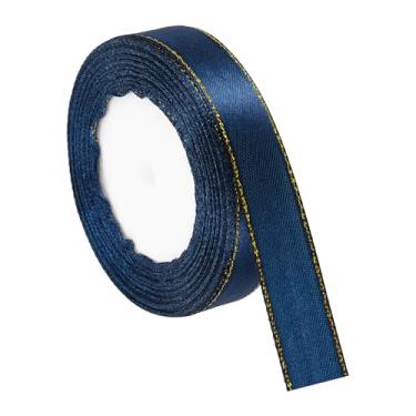 Imagem de PATIKIL Fita de cetim com borda dourada, dupla face de poliéster para embrulho de presente, buquês de flores, laços de cabelo, projetos de costura, azul marinho