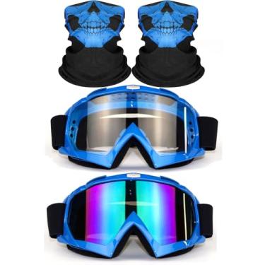 Imagem de immoono Conjunto de 4 peças de motocicleta, 2 óculos de esqui para bicicleta suja, proteção UV, à prova de poeira, à prova de vento, óculos de segurança com 2 máscaras faciais de caveira, armação azul