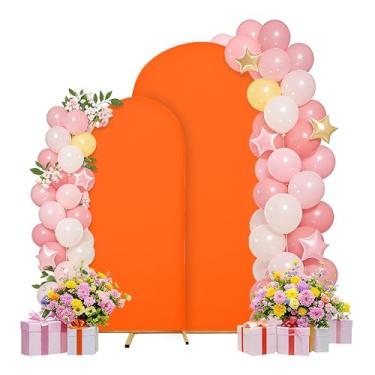 Imagem de Conjunto de capas de arco de casamento de 2 m, 1,8 m, arco, suporte de arco, tecido elastano, pano de fundo elástico para decoração de festa de aniversário de casamento, chá de bebê (laranja candy)