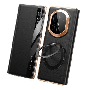 Imagem de FWYANZH Capa de couro genuíno para Huawei Mate X7, capa flip de janela lateral inteligente suporte de anel giratório suporte de luxo à prova de choque capa de proteção, preta, Mate X7